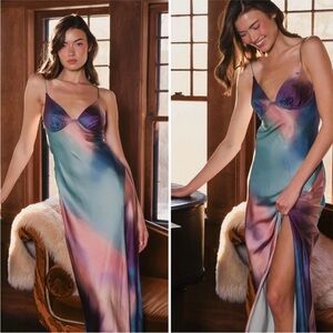 Anthropologie Hutch Emmaline Bustier Ombré Maxi Dress Slit Satin Ombre XS NWT